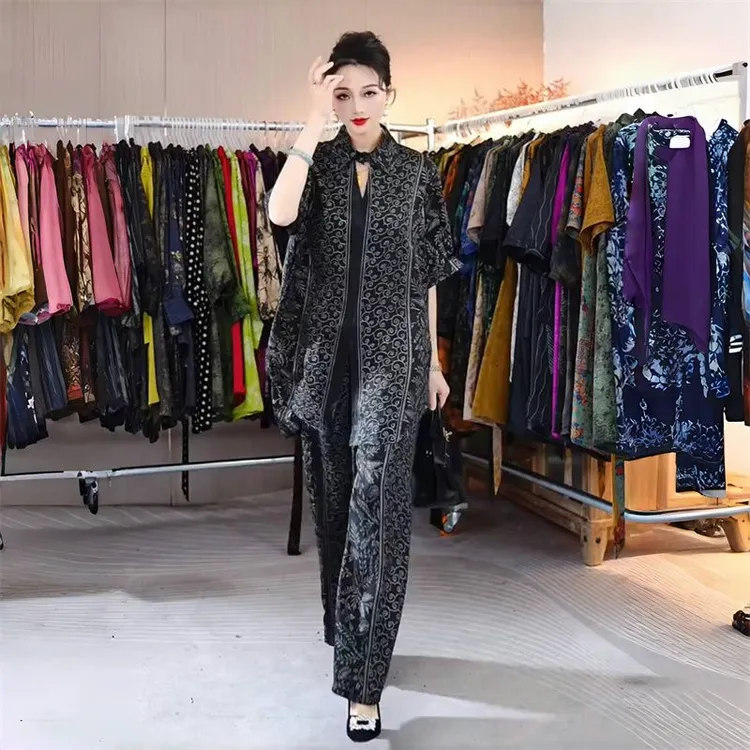 复古大码长款大版衫夏季时尚气质宽松遮肉衬衫阔腿裤两件套装