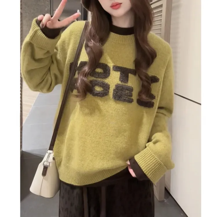 休闲风洋气慵懒感宽松针织衫套头圆领字母毛衣冬季上衣秋冬