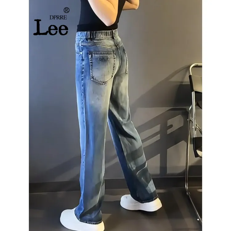 春秋新款高级感大码男士时尚休闲直筒裤蓝色天丝牛仔裤宽松长裤潮