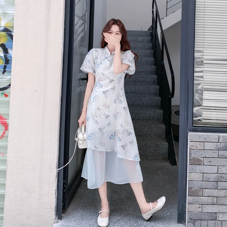 新中式国风蝴蝶印花连衣裙2025夏季新款优雅气质温柔风不规则裙子