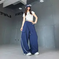 CBXLAB街舞潮牌街头代码夹线工装裤藏青宽松垂感爵士遮胯显瘦裤