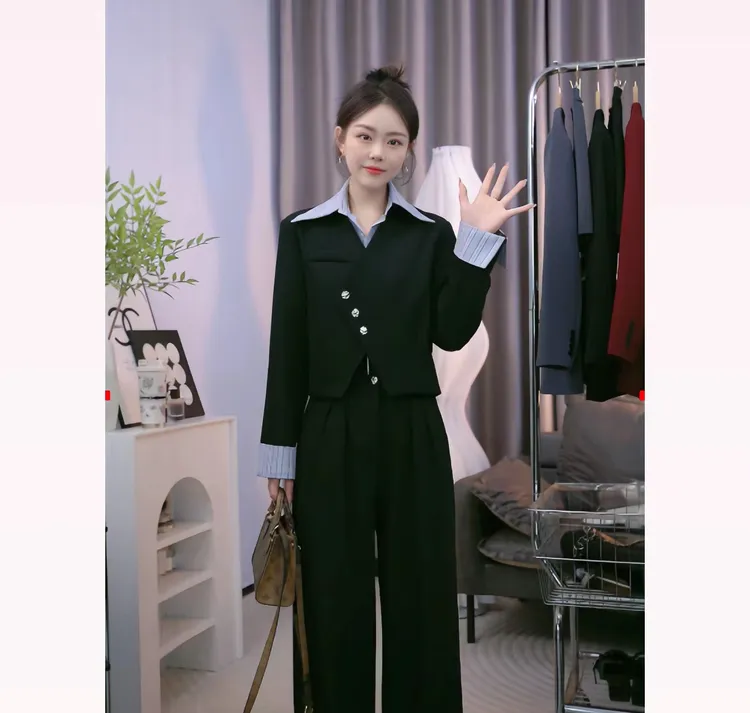 2025春季新款假两件衬衫西装外套+高腰阔腿裤两件套时尚显瘦套装