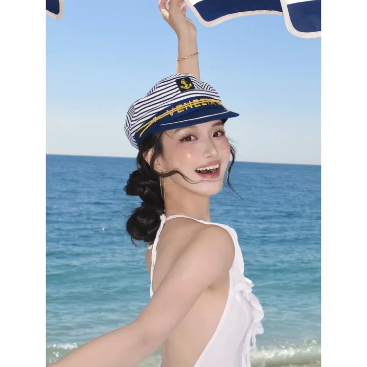 ccd里的海边~英伦风海军帽女夏季复古条纹八角帽平顶船长帽水手帽