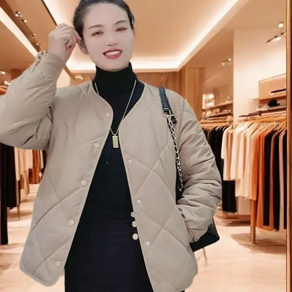 2025升级版菱形格早春夹棉外套女装大码中老年轻薄圆领小个子短款