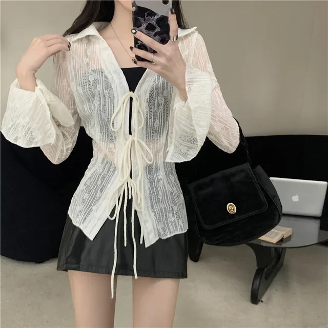 薄款防晒雪纺喇叭袖衬衫女夏季大码胖mm新款透视系带长袖显瘦上衣