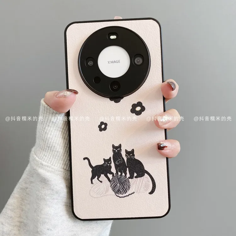 肤感皮革适用华为mate70pro/60/50/40/30苹果17promax黑猫手机壳