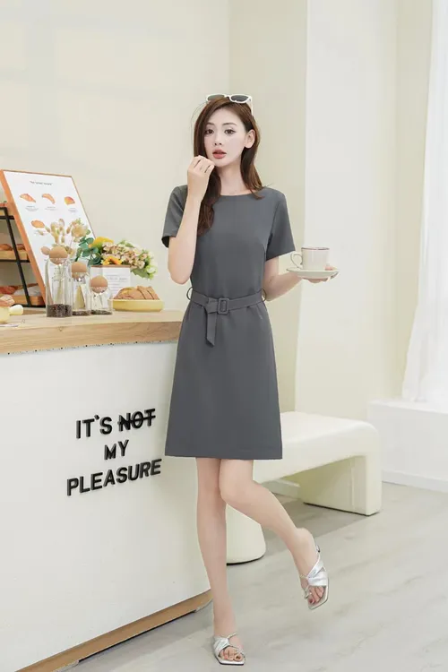 夏季圆领轻职风小个子百搭休闲复古港风连衣裙B2328