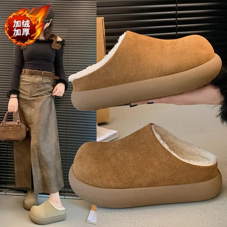 小土豆勃肯加绒厚底包头半拖毛毛棉拖鞋冬季保暖外穿穆勒雪地靴女