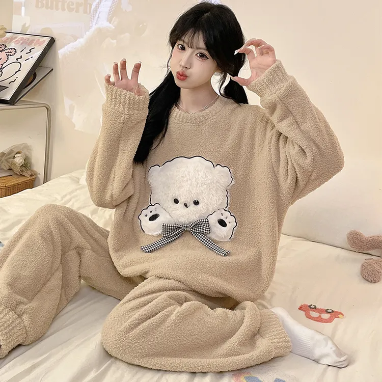 软绵绵半边绒睡衣女款冬季长袖卡通加厚加绒珊瑚绒套装保暖家居服