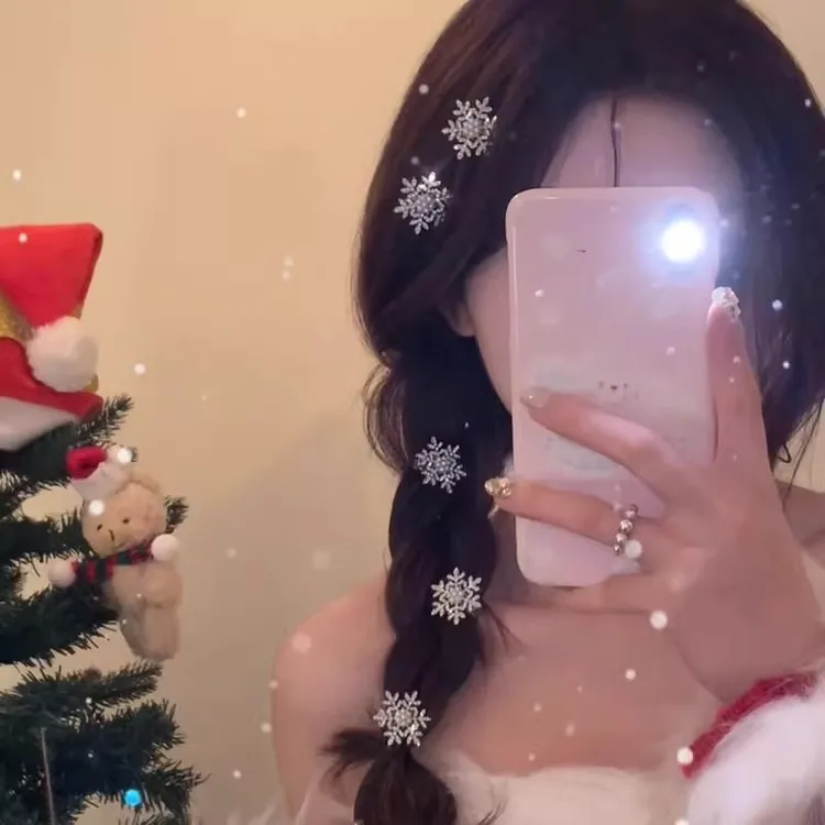 圣诞雪花秋冬闪钻珍珠发夹女小夹子鸭嘴夹前额刘海夹发卡头饰高级