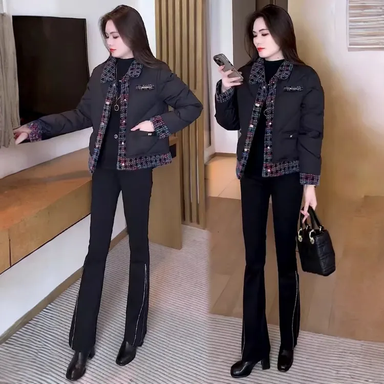 小香风羽绒棉服女2025冬季新款洋气格子拼接小个子短款加厚棉袄潮