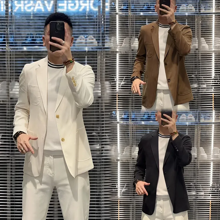 0322欧货夏季高品质单排扣铜氨丝男士休闲西服