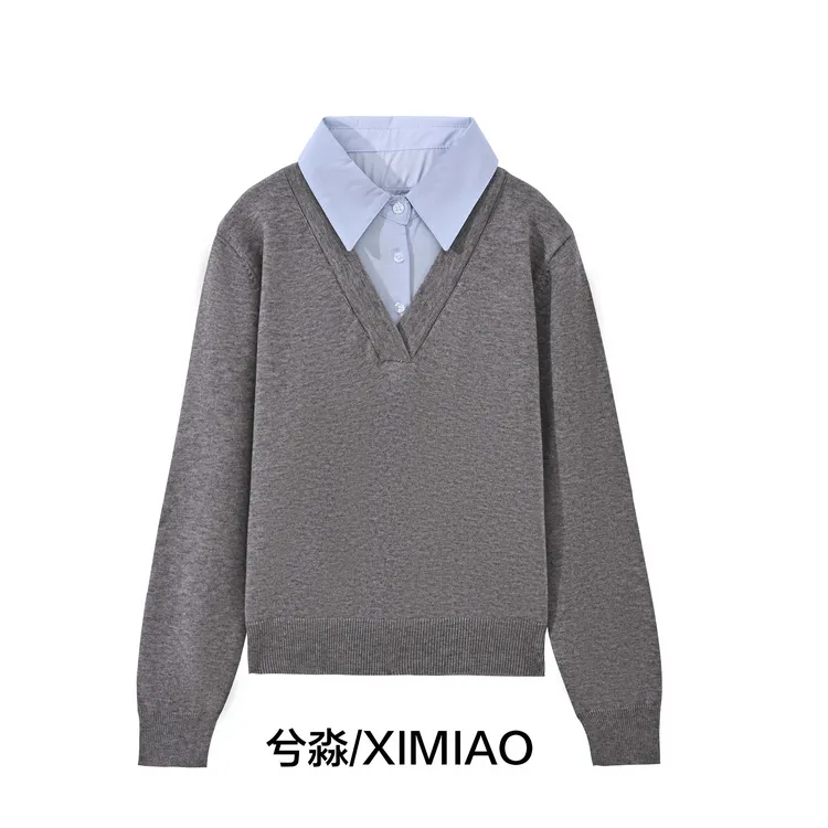 拼接女毛针织衫刺绣翻领针织上衣毛衣休闲针织衫衬衫