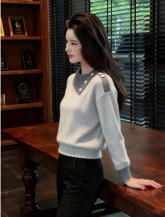 2025冬季新款老钱风拼色翻领针织衫毛衣高级感休闲气质长袖上衣