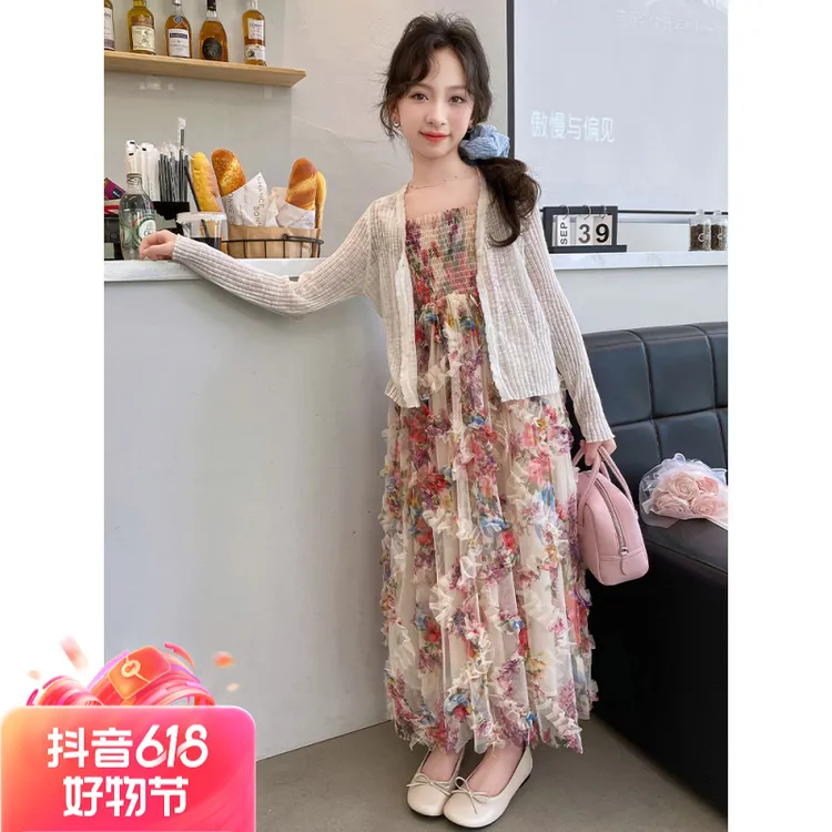【店铺热销新品】新款女童春季碎花蛋糕裙度假连衣裙中大童运动套