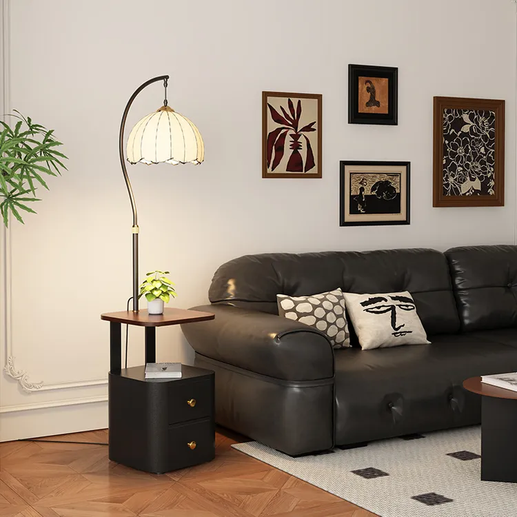 奶油风实木床头柜一体卧室落地灯客厅沙发旁边茶几置物架立式台灯