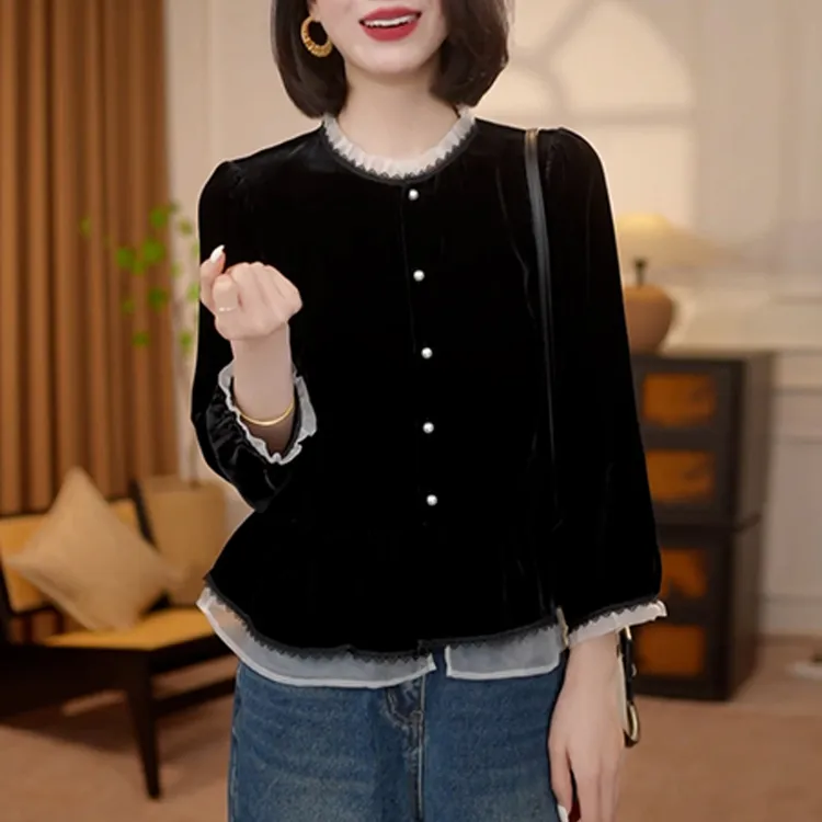 拉夏贝尔复古蕾丝拼接丝绒长袖衬衫女2025年秋季洋气显瘦减龄上衣