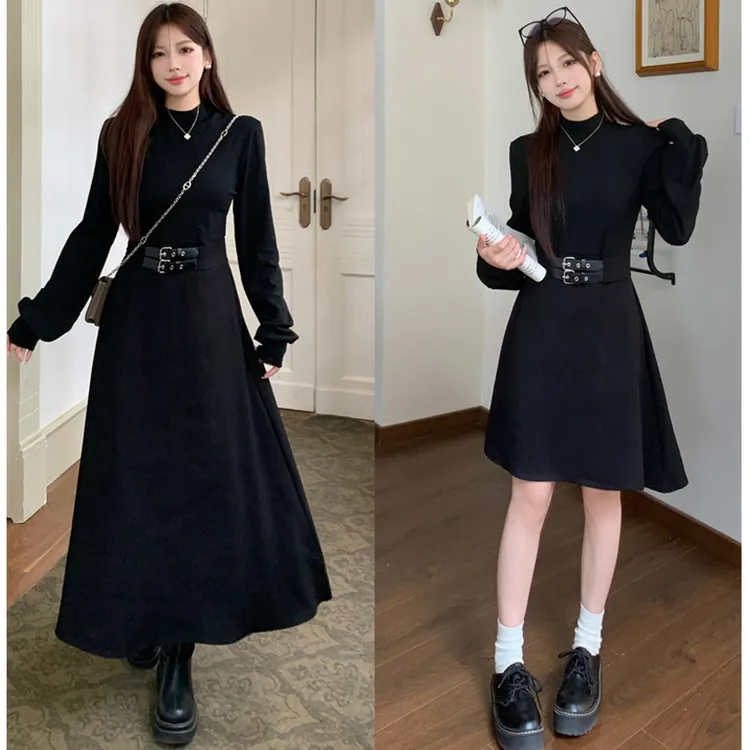 大码胖mm秋冬新款长袖高领拼接显瘦收腰小黑裙赫本连衣裙女