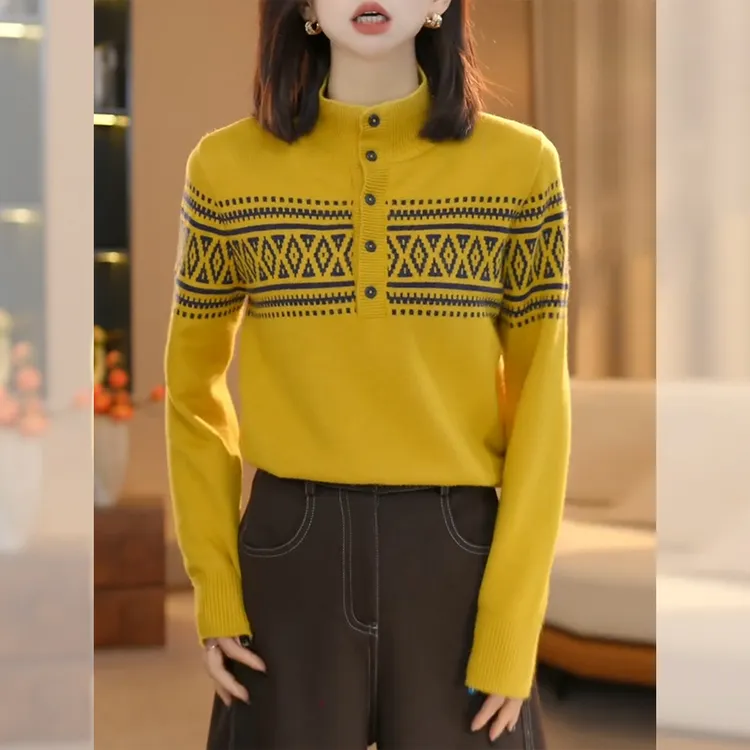 费尔岛提花半高领黄色毛衣女秋冬2025新款内搭针织衫保暖长袖上衣
