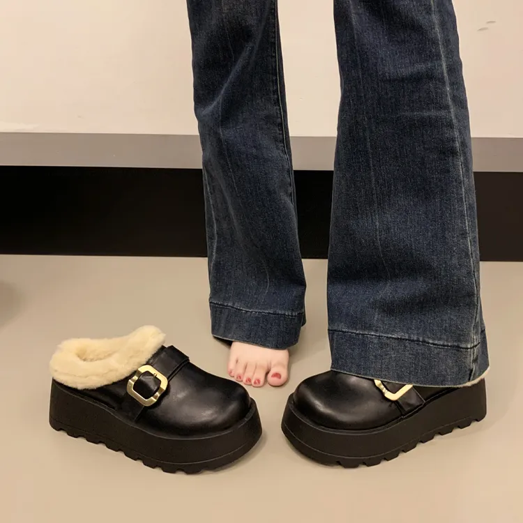 增高勃肯毛毛鞋厚底皮面包头半拖鞋女冬外穿2025新款舒适加绒棉拖