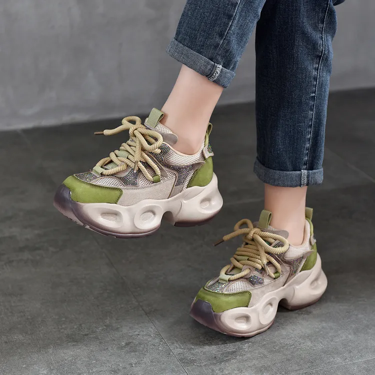 头层牛皮透气网面老爹鞋女2025年新款真皮夏款厚底透网烫钻网鞋女