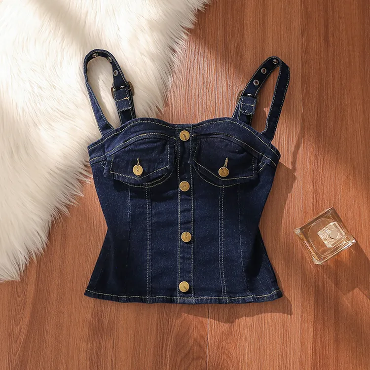 复古蓝色牛仔吊带背小女夏季新款修身显瘦后置拉链性感美背上衣