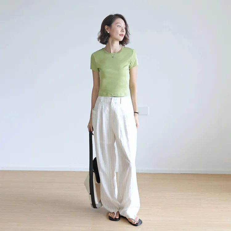 60支液氨上衣短款露锁骨纯棉T恤女短袖大圆领正肩打底衫露腰体恤