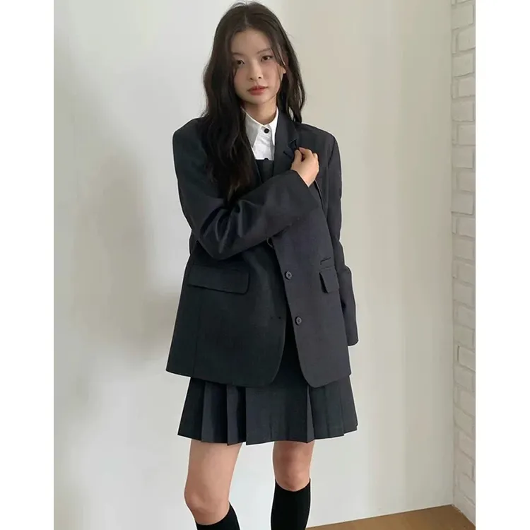 套装天花板！韩国AN*U学院风减龄小众设计感西装背带裙短裙三件套