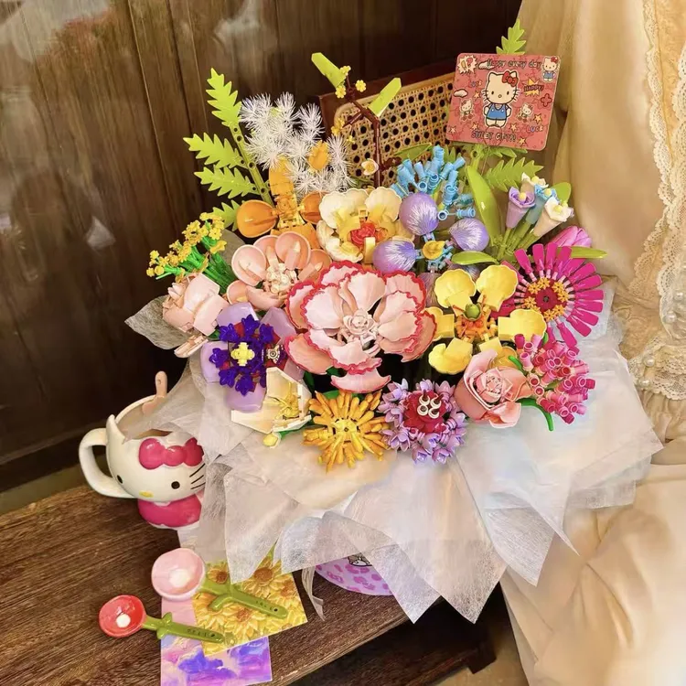 单支系列颗粒手工摆放拼装永生女孩积木小花束客厅diy玩具抱抱桶