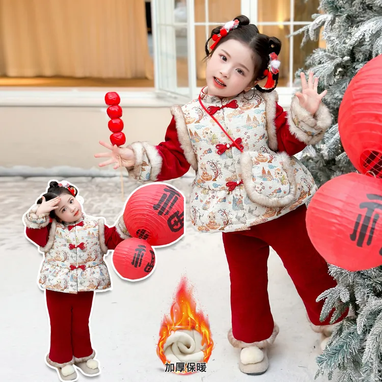 女童装汉服冬装套装儿童加厚加绒喜庆红色中国风冬季女宝宝拜年服