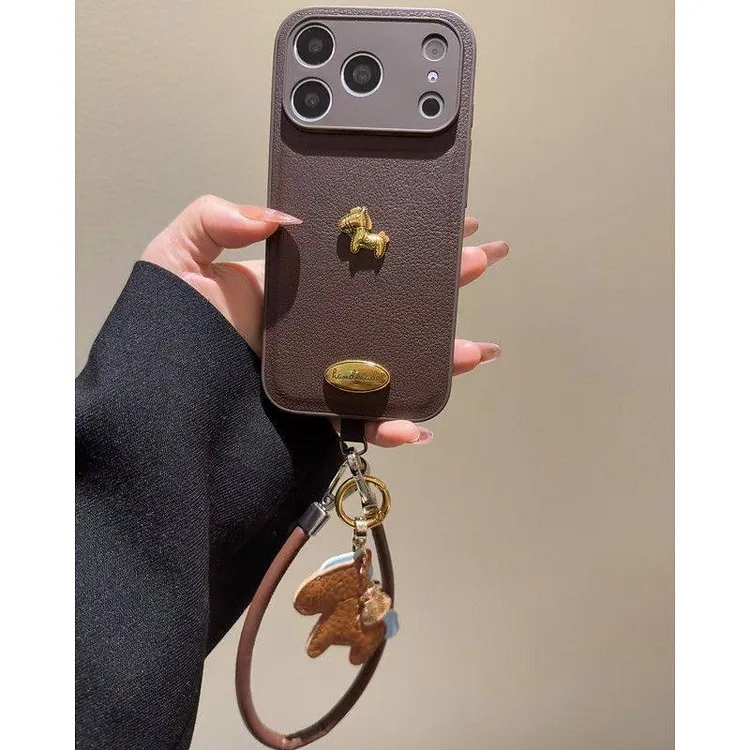 荔枝纹金属马适用苹果17promax手机壳16苹果15pro全包手提绳14/13