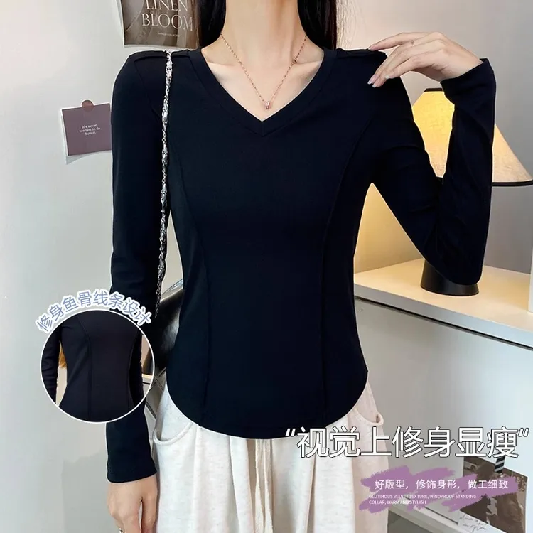 V领鱼骨修身t恤衫新款长袖打底秋冬时尚显瘦洋气白色经典上衣纯色