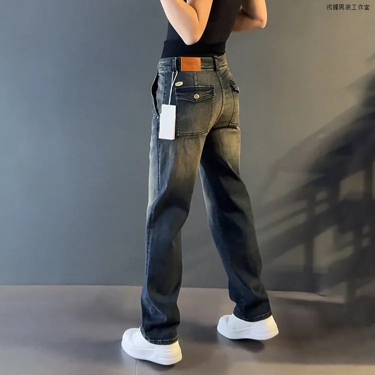 大码美式高街水洗复古直筒牛仔裤男春秋宽松显瘦高腰阔腿拖地裤子
