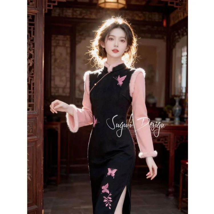 苏故里【蝶梦生花】加绒秋冬文艺显瘦新中式日常旗袍气质衣长120