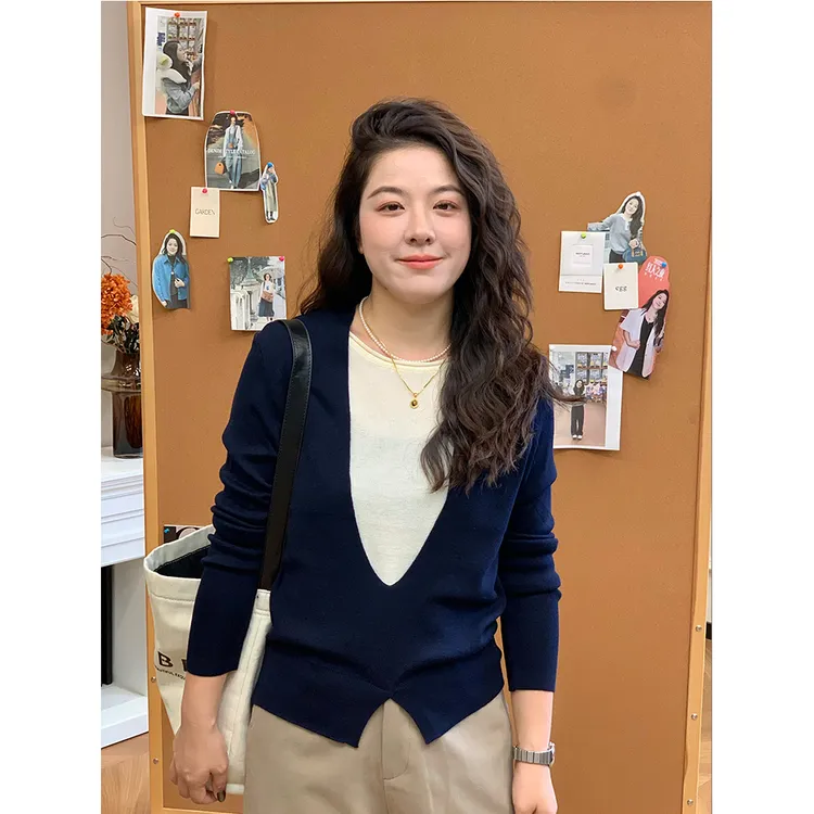 WenWen小个子韩系早秋新款假两件设计师款针织套头百搭上衣4276