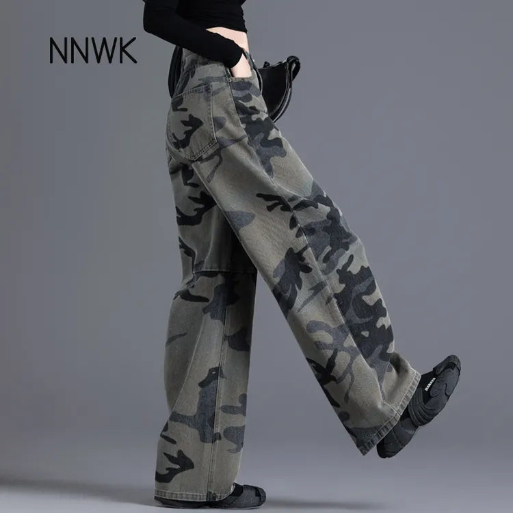 美式工装风迷彩牛仔裤女款休闲弯刀裤2025春秋新款阔腿裤哈伦裤子