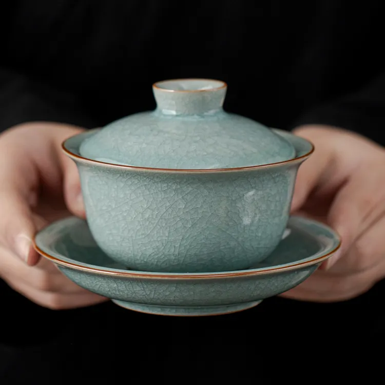 汝窑冰花三才盖碗可悬停旋转茶具泡茶汝瓷茶杯三件套茶碗开片可养