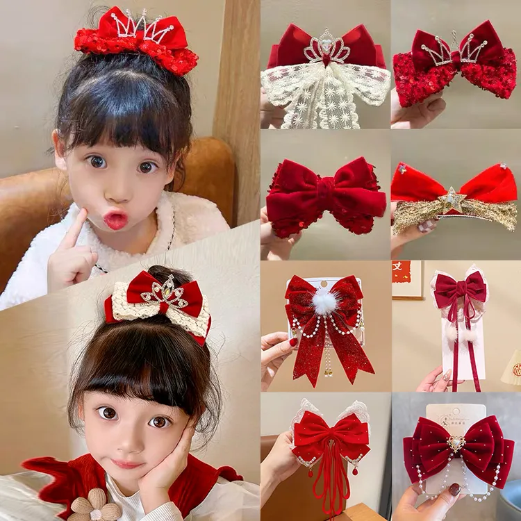 701-750红色抓夹蝴蝶结女童皇冠头饰儿童小公主夹侧边刘海夹发饰