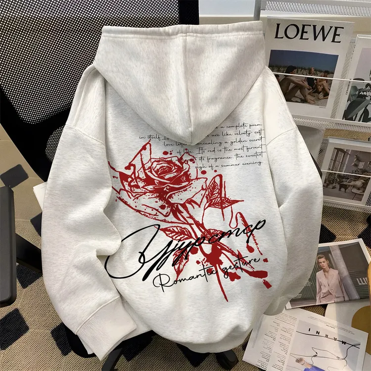 重磅美式高街嘻哈潮牌国潮玫瑰印花连帽卫衣秋冬男女同款长袖上衣