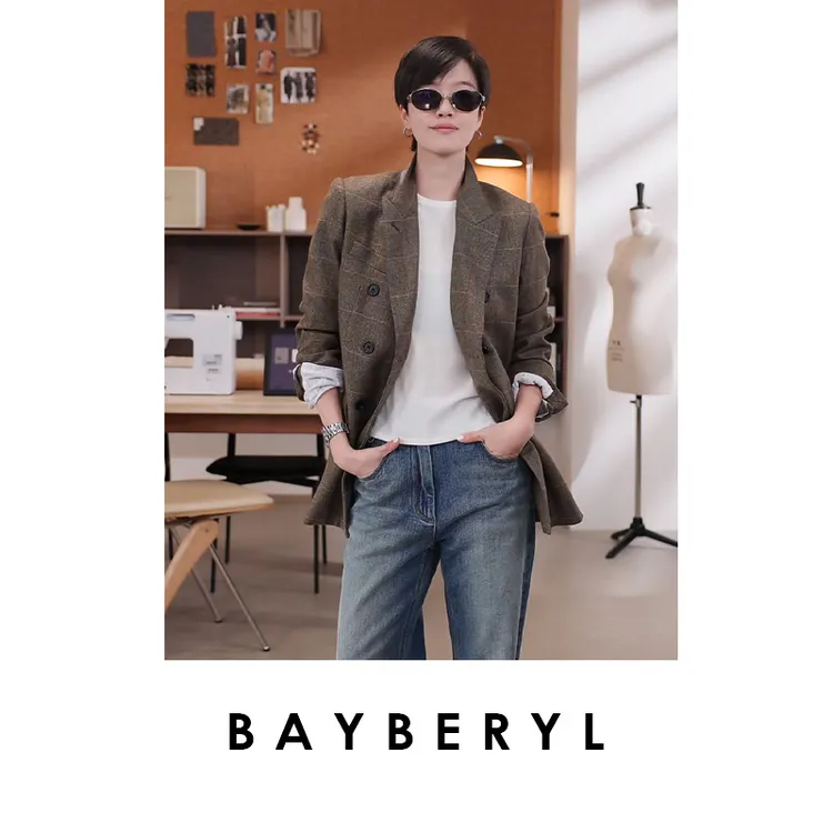 BAYBERYL老贝破格老钱*戗驳领格纹双排扣复古秋西装XZ5E2644