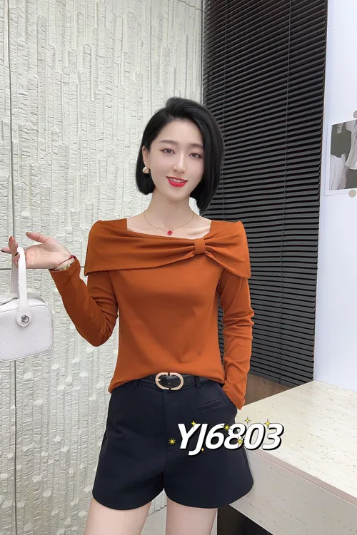 6803秋季新款仙气长袖一字领斜领T恤女神百搭气质显瘦网红上衣