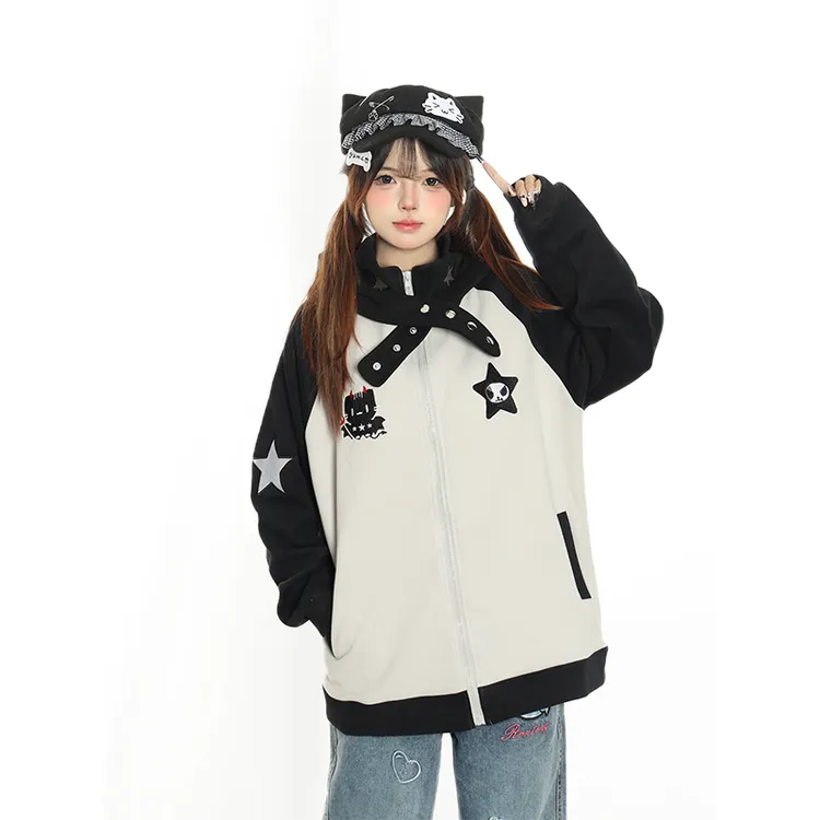 甜酷小恶魔星星刺绣拼色外套女秋小众设计感宽松街头潮牌情侣卫衣