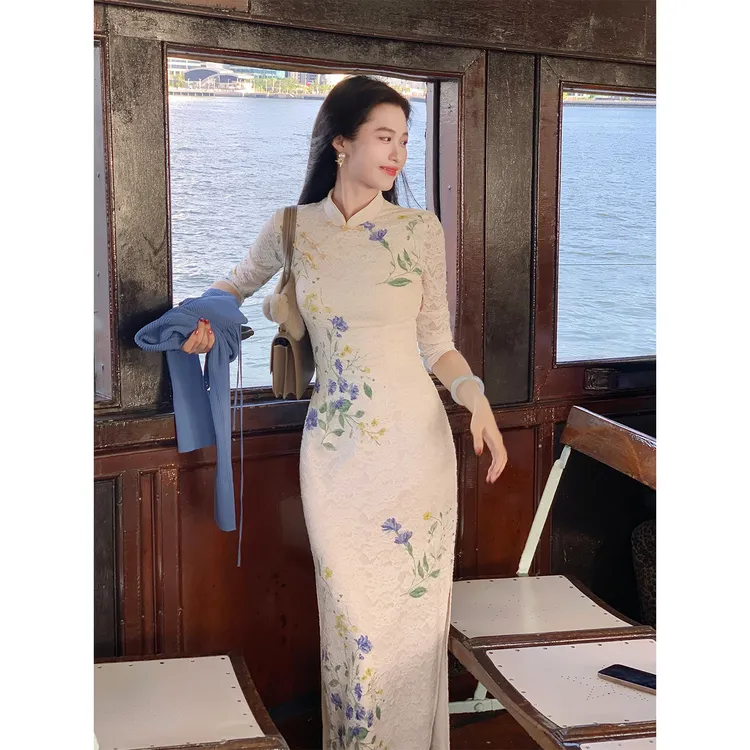 凌茜恣禾【玉岚香】国风新中式米杏定位花长袖连衣裙气质显瘦旗袍裙