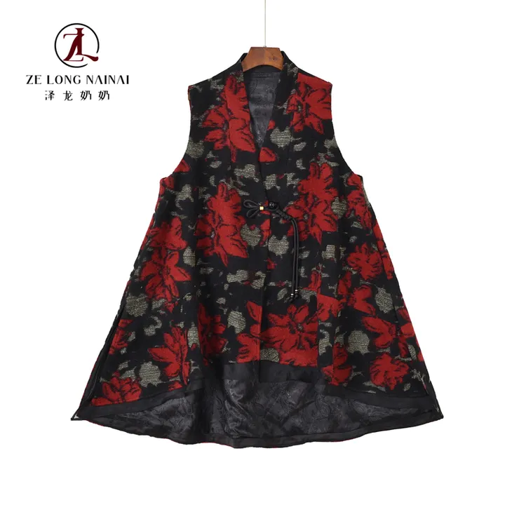 813花语盘扣中长款盘扣花卉无袖外套中老年妈妈装气质坎肩