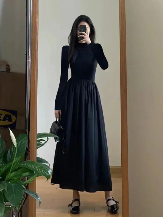 黑色新款半高领修身内搭小个子连衣裙女气质收腰显瘦打底针织长裙