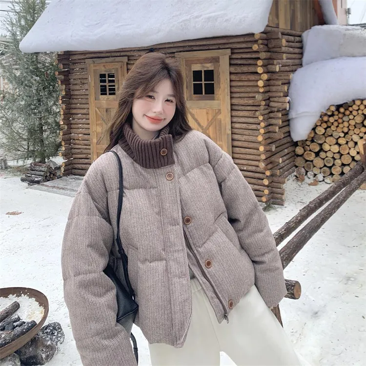 针织领拼接条纹羽绒服女冬季2025新款今年流行加厚学生面包服短款