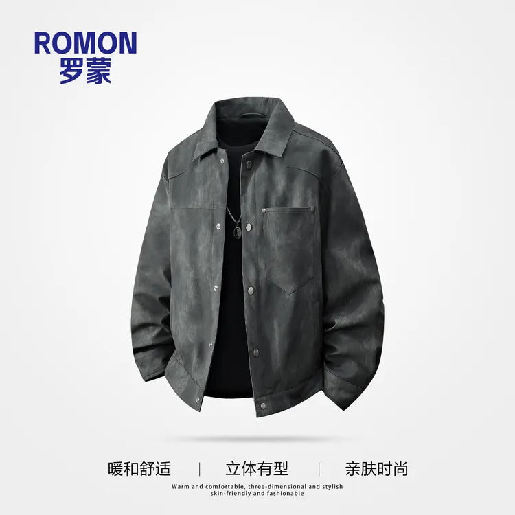 Romon/罗蒙美式复古PU皮夹克男款春秋季宽松休闲百搭翻领外套男