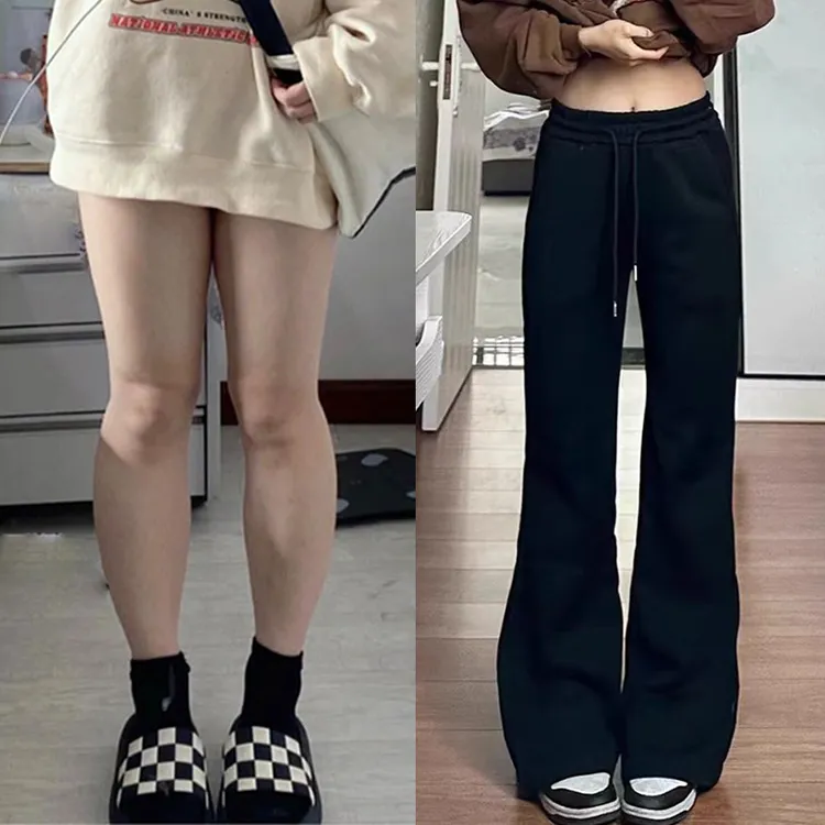 大码胖mm深灰色微喇休闲裤女新款纯色显瘦梨形身材喇叭卫裤子