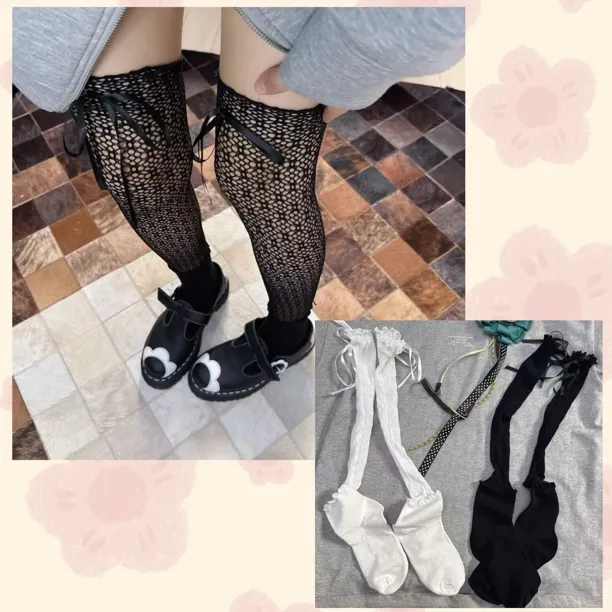 过膝袜原宿新品蕾丝拼接木耳边棉少女风小腿中筒堆堆袜女