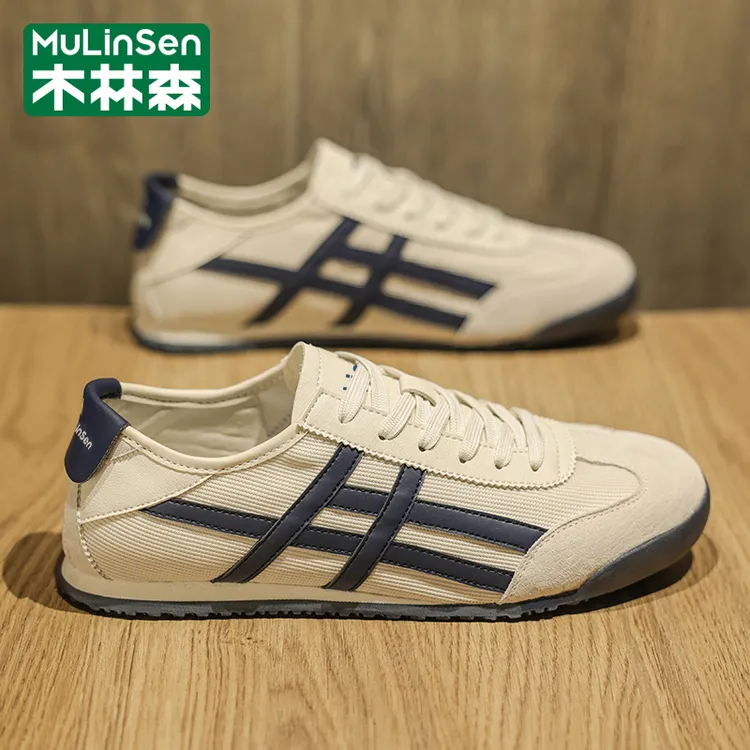 木林森2025爆款流行男鞋百搭透气运动阿甘鞋男士休闲小白帆布板鞋